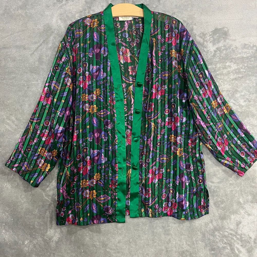 VTG Victoria's Secret Gold Label Green Floral Sheer Pajama Sleep Top *FLAW* Sz M